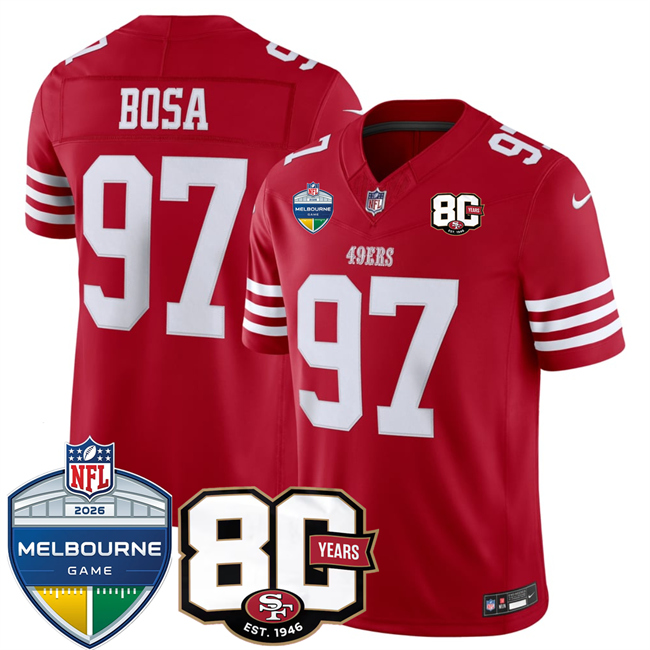 Men's Red San Francisco 49ers #97 Nick Bosa 80th Anniversary And Melbourne Game Patch 2026 F.U.S.E. Vapor Untouchabl2026 F.U.S.E. Vapor Untouchable Limited Stitched Football Jersey